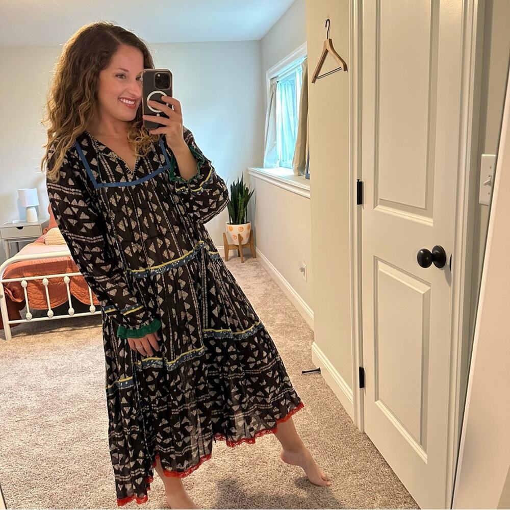 Warm NY Black Ikat Colorful Block Printed Long Sleeve Maxi Dress Small - Picture 3 of 14